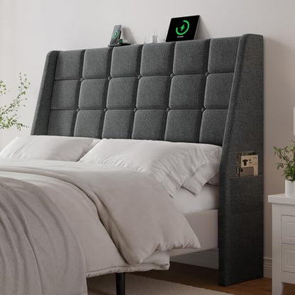 Ergonomic Upholstered Headboard Full Size w/Charging Station, Linen Wingback Headboards w/Storage Pocket, Full Headboard Only, Bed Frame Adapters, Sturdy Stable Solid Wood Bed Head Board, Dark Grey - color: Dark Grey, size: Full