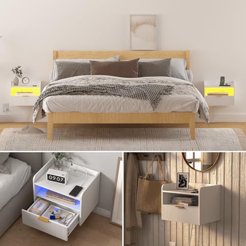 Veegle White Floating Nightstand with Charging Station and LED Lights (White) - color: White