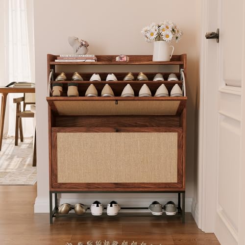Narrow Shoe Storage Cabinet for Entryway with 2 Flip Drawers, Walnut | Freestanding Narrow Shoe Cabinet with Natural Linen Panel, Slim Wood Shoe Organizer Closed Shoe Rack for Hallway, Foyer - color: Walnut, size: 2 Drawers Standard
