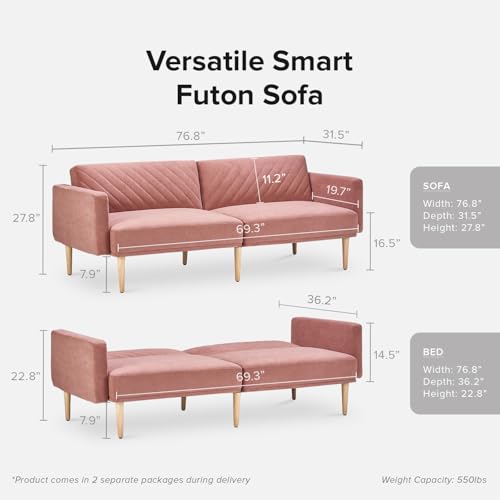 mopio 76.4" Futon Sofa Bed Chevron Styled, Sleeper Couch (Old Rosa Velvet) | Reclines flat for surprise sleepovers; space-savvy design and tapered legs add mid-century warmth. - color: Old Rosa Velvet