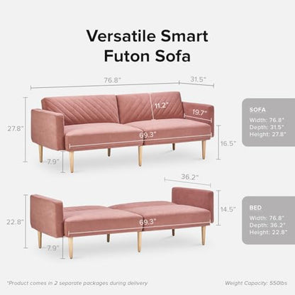 mopio 76.4" Futon Sofa Bed Chevron Styled, Sleeper Couch (Old Rosa Velvet) | Reclines flat for surprise sleepovers; space-savvy design and tapered legs add mid-century warmth. - color: Old Rosa Velvet