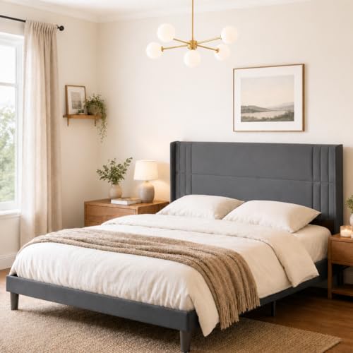 Gizoon King Bed Frame with Wingback Headboard, Upholstered Platform Bed | Bed Frame with Padded Headboard,Wooden Slats, Noise-Free, No Box Spring Needed, Easy Assembly,Dark Grey - color: Dark Grey, size: King