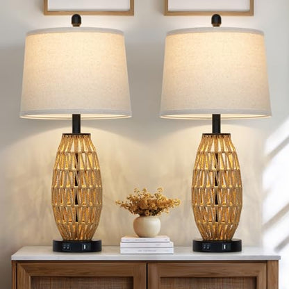 CINSARY 27" Rattan Table Lamps Set of 2, Boho Bedside Lamp for Bedroom with Night Light, Coastal Woven Wicker Nightstand Lamps with USB A+C Charging Port, Tall Farmhouse Living Room Lamp - color: Rattan