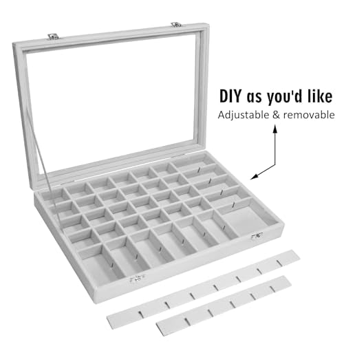 Siveit Velvet Jewelry Tray 48 Grid Jewelry Display Tray Organizer Box with Transparent Lid Rings Earrings Necklaces Pendants Display Box Suitable for Women and Girls (Grey) - color: Grey