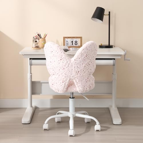 chairus Kids Desk Chair Butterfly Faux Fur Study Chair for Teenage Girls Adjustable Kids Vanity Chair for Bedroom Reading Living Room, Small Cute Student Task Chair with White Foot, Baby Pink - color: Butterfly, Pink