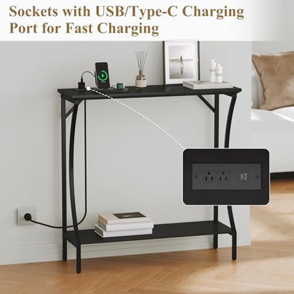 ARTPOWER Console Table with Built-in Power Outlets, Wood Narrow Behind Couch Sofa Table with Charging Station, Skinny Entryway Table with Open Shelf for Living Room, Hallway, Foyer,Set of 2, Black - color: Black, size: 2-packs