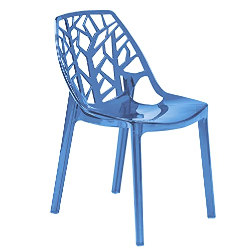 LeisureMod Cornelia Stackable Dining Chair in Transparent Blue - Modern Spring Cut-Out Tree Design Acrylic Armless Accent Side Chair for Kitchen, Living Room, and Dining Area - color: Transparent Blue, size: Single