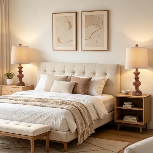 Farmhouse Table Lamp Set of 2, Rustic Table Lamps for Living Room Bedroom, 22" Mid Century Modern Desk Lamp Bedside Nightstand Lamps with Linen Tapered Drum Shades, Wood Grain - color: Wood Grain