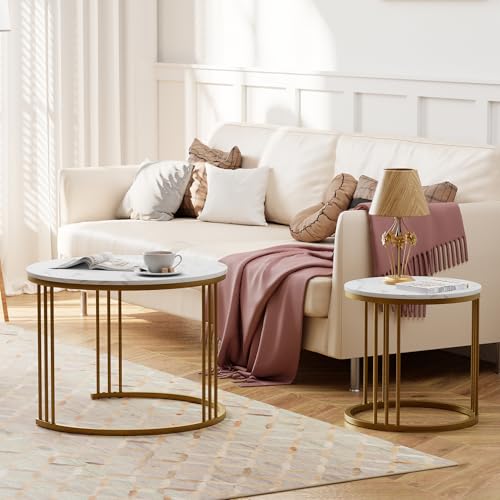 Coffee Table Faux Marble Nesting Table for Small Place 2 Sets Modern Furniture Living Room Sets End Side Table Night Stand for Bed Room Dining Room (White & Gold) - color: Gold