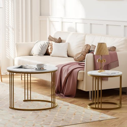 Coffee Table Faux Marble Nesting Table for Small Place 2 Sets Modern Furniture Living Room Sets End Side Table Night Stand for Bed Room Dining Room (White & Gold) - color: Gold