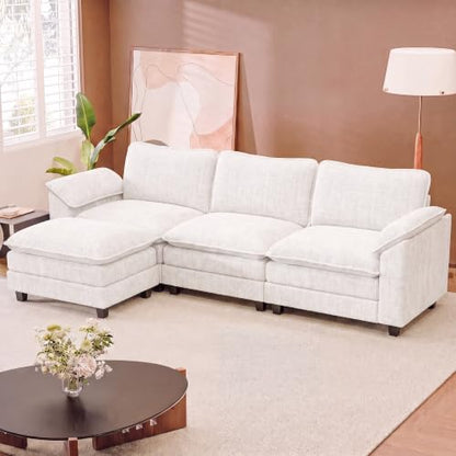 JUMMICO 118.9" L Shaped Sectional Couch, Modular Cloud Sofa, White | Comfy Chenille, Movable Ottoman, Deep Seat, Double Layer Cushion, 3 Seat, High-Density Foam, for Living Room - color: White, size: L Shaped Sofa