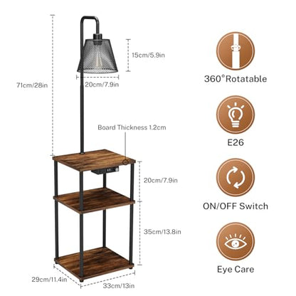 Floor Lamp with Table and Shelves, Side Table with USB Charging Port and Outlet, Modern Bedside Nightstand End Table with Lamp for Living Room, Bedroom, Guest Room, Bulb Included - color: Brown-1 Pair