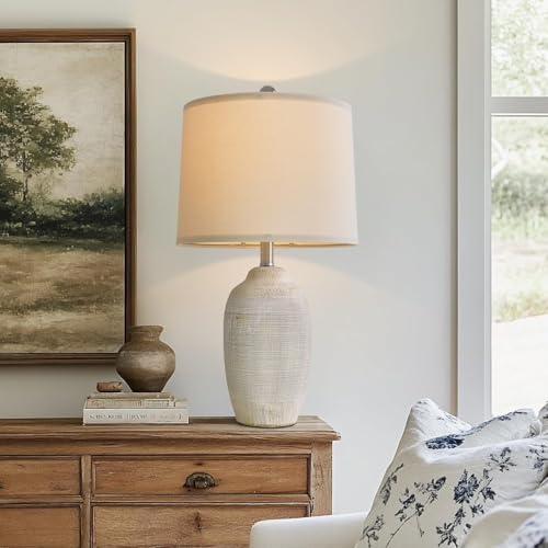 USumkky 24 inch Vintage Ceramic Table Lamp with 5FT Cord - Single Farmhouse Rustic Bedside Lamp with Natural Textured Finish, Nightstand Lamps for Living Room, Bedroom, End Table Beige - color: 24" Beige