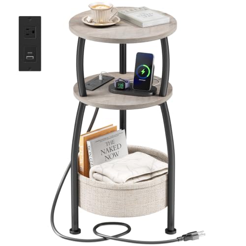 Side Table with Charging Station, Small Round End Table with Basket | Sofa Table with USB Port and Outlet, 3 Tiers Accent Bedside Table for Bedroom, Living Room , Small Spaces, 11.81in Greige - color: Greige, size: 11.81" Dia With Power Strip