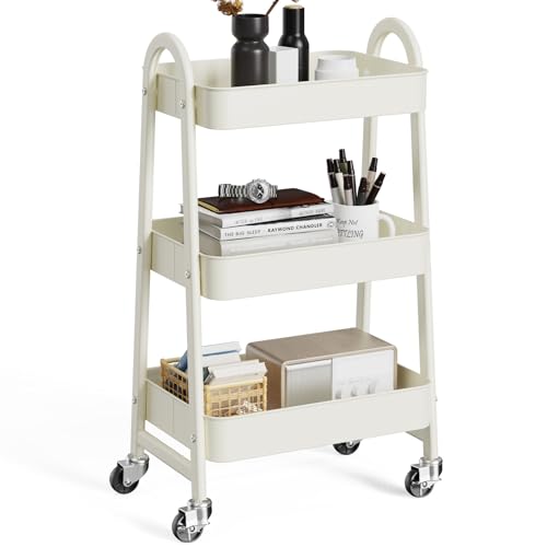 OLIXIS Metal Rolling Storage Utility Cart with Lockable Wheels 3 Tiers | Mobile Organizer Shelf, Space-Saving, Freestanding, Bathroom, Living Room, Slim, Narrow Corner Spaces, White - color: 3-tiered Cream White, size: 3-Tiered 17 inches