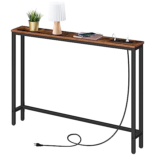 HOOBRO 39.4" Skinny Console Table with Power Outlet, 5.9" Behind Couch Table with Charging Station, Narrow Sofa Table, Long and Thin Table for Entryway, Living Room, Rustic Brown BF51UXG01 - color: Rustic Brown + Black, size: 39.4"L x 5.9"W x 31.5"H