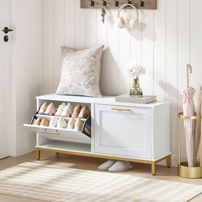 HOOBRO Shoe Bench with Storage, Shoe Storage Bench with 2 Flip Drawers, 39.4" Shoe Cabinet with Bench, Hidden Shoe Rack Organizer for Entryway, Foyer, Hallway, White and Gold DW48HX01