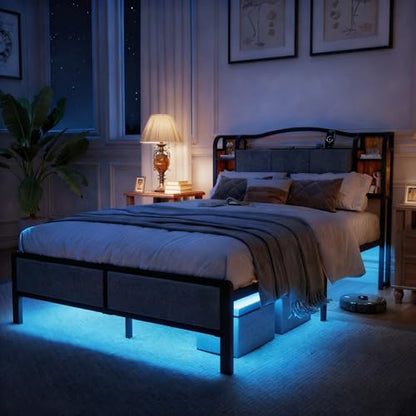King Size Bed Frame with LED Lights & Charging Station | Upholstered Headboard & Footboard, No Box Spring Needed, Noise-Free Easy Assembly, Large Under Bed Storage - size: King