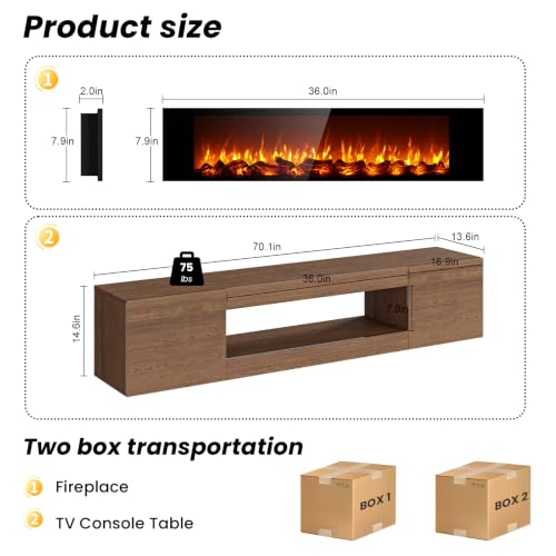 EAG 70'' Floating TV Stand with Fireplace, Modern Wall Mounted Entertainment Center with Storage for TVs Up to 80", High Gloss Media TV Console for Living Room, Decorative Faux Fireplace, Brown