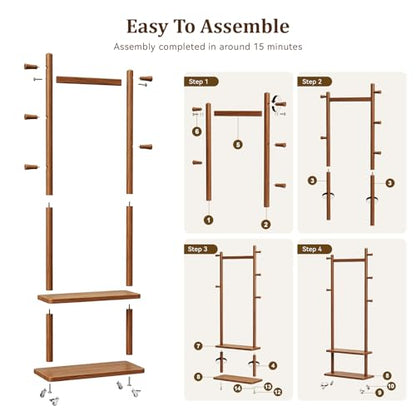 Coat Rack Freestanding Solid Wood Clothes Rack with Wheels | Space Saving, Stable 5 Hooks 2 Shelves Coat Tree, Silent 360 Degree Wheels, Heavy Duty 150 lb Capacity for Entryway Bedroom - color: Walnut Brown, size: L: 23.6" x W: 11.8" x H: 70.9" (With Whee