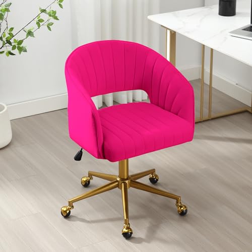 Desk Chair with Wheels, Gold Base, Velvet Accent Vanity Armchair, Hot Pink | Spacious‌ Soft Seat, Swivel Height Adjustable, Rocking Function, Modern Stripe for Girls &Women Bedroom Makeup or Nail - color: Hot Pink Velvet