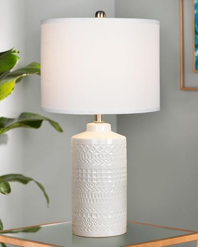 JUNNAI 24.5" White Ceramic Table Lamp 3-Way Dimmable Nightstand with White Linen Shade Bedside Lamp for Bedrooms & Living Room Office Reading(Bulb Included) - color: White