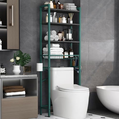 Kalrin Over-The-Toilet Storage Rack, 4-Tier Bathroom Organizer Shelf Over Toilet with Adjustable Shelf and Basket, Freestanding Space Saver Bathroom Shelves Above Toilet for Room (Green- Black) - color: Green- Black