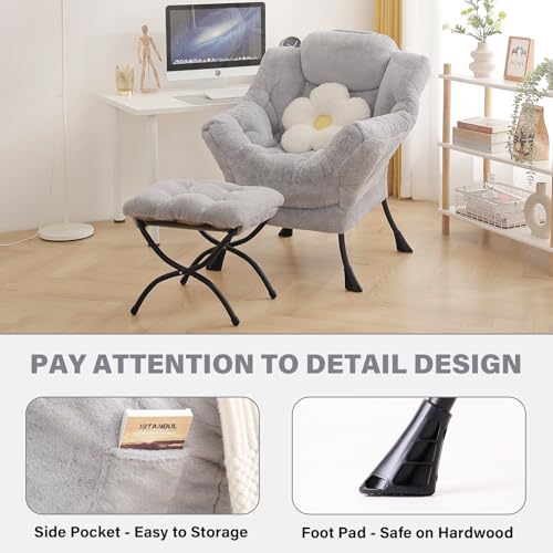 Lazy Chair with Ottoman, Comfy Reading Accent Chair, Plush Light Grey | Foldable Footrest, Padded Seat and Backrest, Side Pocket for Lounging in Living Rooms, Bedrooms, Dorms and Small Spaces - color: Plush-light Grey