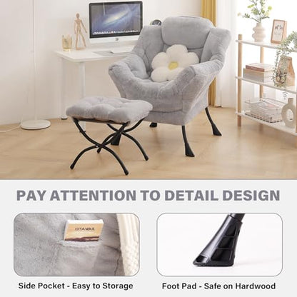 Lazy Chair with Ottoman, Comfy Reading Accent Chair, Plush Light Grey | Foldable Footrest, Padded Seat and Backrest, Side Pocket for Lounging in Living Rooms, Bedrooms, Dorms and Small Spaces - color: Plush-light Grey