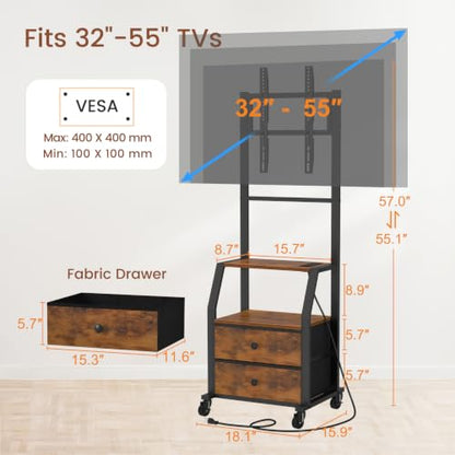 Snughome Rolling TV Stand for 32-55 Inch TVs, Mobile TV Stand with Wheels | With Mount, 2 Fabric Storage Drawers & Power Outlet, Sturdy Steel Frame,Entertainment Center for Bedroom, Living Room