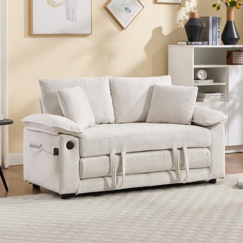 3-in-1 Convertible Sofa Bed, Upholstered Pull Out Loveseat Sleeper Sofabed | Foldable Loveseat Sleeper Couch with Pillows & Cushion, Space‑Saving Lounge Mattress Sofa for Living Room/Apartment, White - color: White
