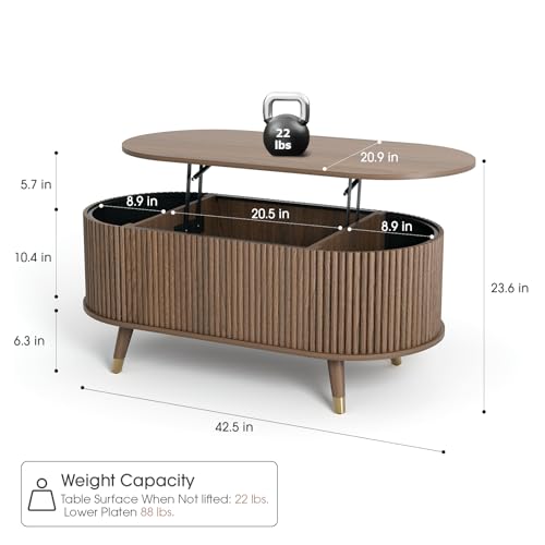 JOINICE Oval Lift Top Coffee Table with Storage for Living Room,Walnut | 42.5",Large Hidden Storage,Boho Fluted Panel,Pop Up Center Table with Wooden Legs,Lifts to 22.4",Holds 88lbs,Easy Assembly - color: Walnut_oval