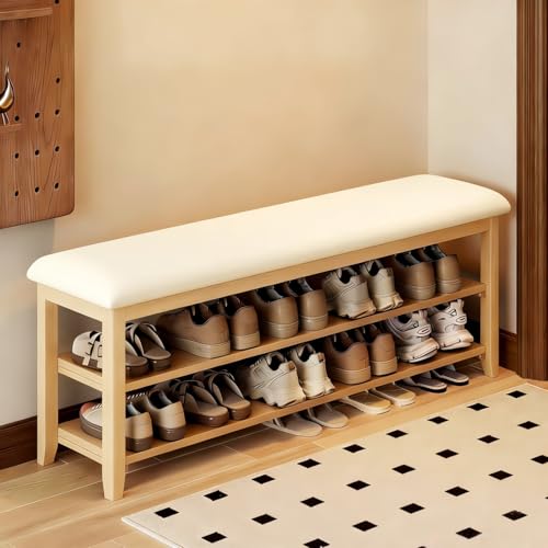 Wooden Shoe Storage Bench with Leather Cushion, Natural, 39.4" | Rustic Solid Wood Entryway Bench, Shoe Rack Bench for Hallway, Front Door, Equipped with 2 Height-Adjustable Shelves - color: Natural Wood, size: 39.4"L x 11.8"W x 18"H