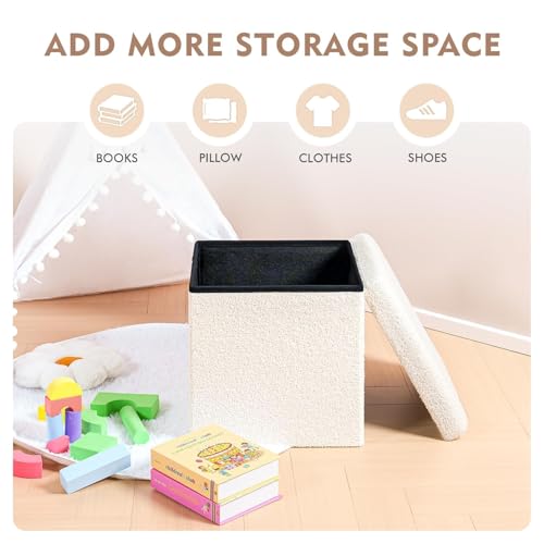 B FSOBEIIALEO Small Storage Ottoman Cube Sherpa Ottomans Foot Rest, Foldable Boucle Ottoman, Faux Teddy Fur, Cream White 15"x15"x15" - color: White, size: 15"D x 15"W x 15"H