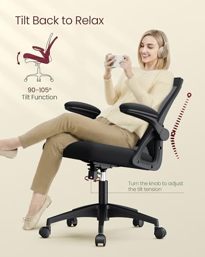 VASAGLE Office Chair, Ergonomic Mesh with Adjustable Lumbar Support | Computer desk chair with 90-105° tilt function, wide seat, flip-up armrests, Ink Black UOBN045BH01S - color: Ink Black, size: Set of 1, style: Office Chair Without Headrest