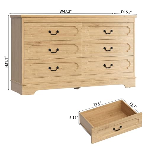 6 Drawer Dresser for Bedroom Natural Bedroom Dresser 47.2" Wooden Cabinet | Farmhouse Wood Chest of Drawers , Modern Rustic Drawers Dressers Wooden Closet and Storage Cabinet, Hallway, Living Room - color: Natural, size: 15.7"D x 47.2"W x 30.8"H (6 Drawer