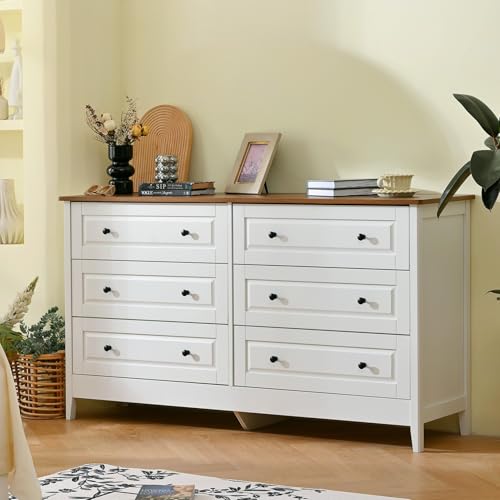 6 Drawer Chest of Drawers for Bedroom Living Room Entryway | Bedroom Furniture Chester, Stylish White Modern Painted Solid Wood Anti-Tip Design Closet Storage Organizer Easy Assembly