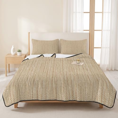 Twin XL Quilt Bedding Set, Minimalist Light Khaki Soft Microfiber Summer Bedspread Coverlet with 2 Pillow Shams for All Season, Crosshatch Linen Textured Breathable Bedding Set for Hot Sleepers - size: Twin XL