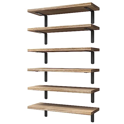 Wood Floating Shelves Set of 6, Shelves for Wall Decor, Farmhouse Shelf for Bedroom, Bathroom Storage Shelves, Book Shelves for Living Room - Rustic Brown - color: Rustic Brown, size: 16.5 Inch