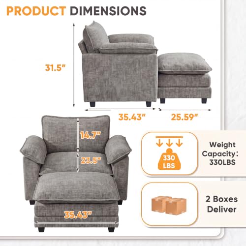 Homall Sofa Accent Chair with Ottoman, 35" Reading Chair, Light Grey | Comfy Chenille, Double Layer Cushion, Wide Armrest, Deep Seat, Sturdy Frame, High-Density Foam, Single Sofa for Living Room - color: Light Grey, size: Single Sofa Chair