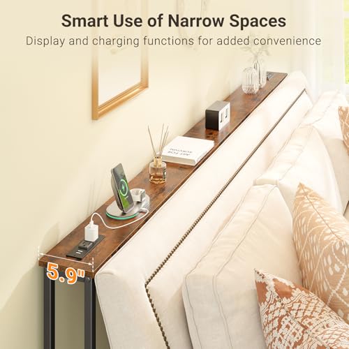ELYKEN 94.5" Narrow Console Table with Outlet, Sofa Table Behind Couch | Extra Long Skinny Entryway Tables with Charging Station for Living Room, Hallway, 5.9 x 94.5 x 29.5in, Rustic Brown - color: Rustic Brown, size: 5.9"DX94.5"WX29.5"H