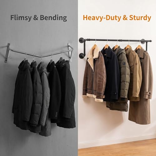 Industrial Pipe Clothing Rack, Hanging Clothes Rod, Wall Garment Rack | Heavy Duty Space Saving Clothes Bar, Metal Clothing Hanging Rails for Closet Home Bedroom Retailer Laundry, Black, 2Pcs