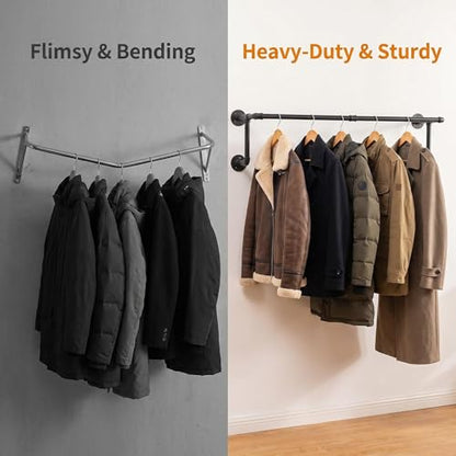 Industrial Pipe Clothing Rack, Hanging Clothes Rod, Wall Garment Rack | Heavy Duty Space Saving Clothes Bar, Metal Clothing Hanging Rails for Closet Home Bedroom Retailer Laundry, Black, 2Pcs