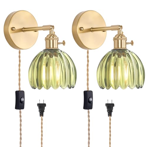 Shenmoyl Plug in Wall Sconce, Green Tulip Glass Lampshade Wall Light Plugin Corded for Bedside Bedroom Doorway, 2 Pack - color: Green