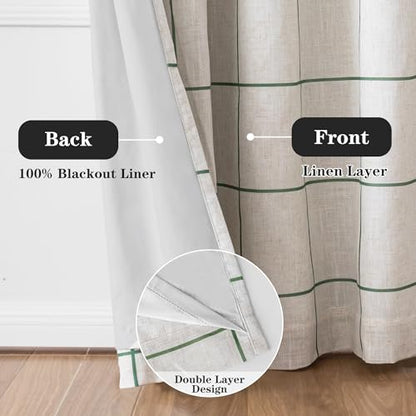 MYSKY HOME 100% Blackout Green Plaid Linen Curtains 84 Inch Long 2 Panels Set Double Layer Farmhouse Thermal Insulated Striped Print Drapes Grommet Top for Bedroom Living Room, 52" W Each Panel - color: Green, size: 52"W x 84"L (Pack of 2)