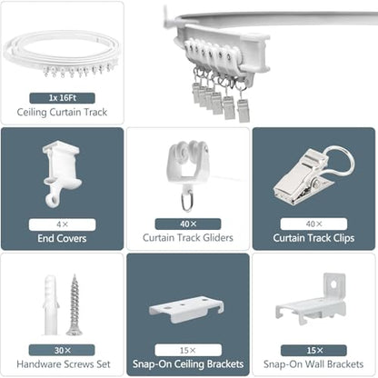 KOLAKO Ceiling Curtain Track, Curtain Track Wall Mount - Two Ways To Install, 16Ft Curtain Rails Room Divider Flexible Sliding Curved Curtain Track System for Rv Shower Curtain Rods - color: White, size: 16Ft