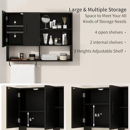 Bathroom Wall Cabinet with Towel Bar & 2 Doors, Black - color: Black