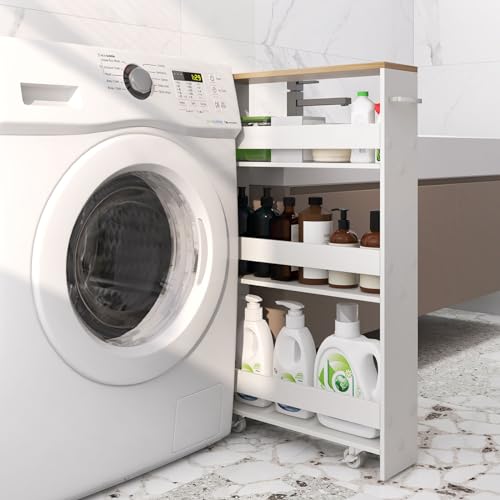 GIANTEX 4-Tier Rolling Slim Storage Cart, 5" Narrow Slide Out Kitchen Cart | Space-Saving Compact Mobile Utility Trolley with Handle & Open Shelves for Small Space, Laundry Room (White & Natural) - color: White & Natural, size: 5"W