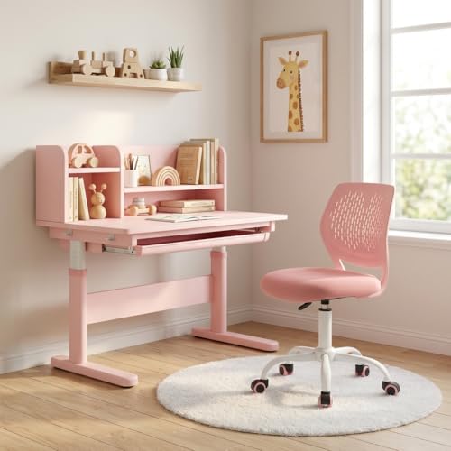 POWERSTONE Small Home Office Desk Chair, Swivel Rolling Study Computer Chair, Adjustable Height Task Chair with Armless Mid Back, Upholstered Mesh Seat, Pink - color: Pink