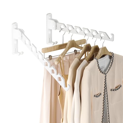 Dr.DJ Wall Mount Coat Hanger Holder White Clothes Drying Organizer Rack Garment Hooks Aluminium Retractable Folding Indoor Wall Mounted Hanger Space Saver for Laundry Room Bedroom White 2Pack - color: White 2Racks